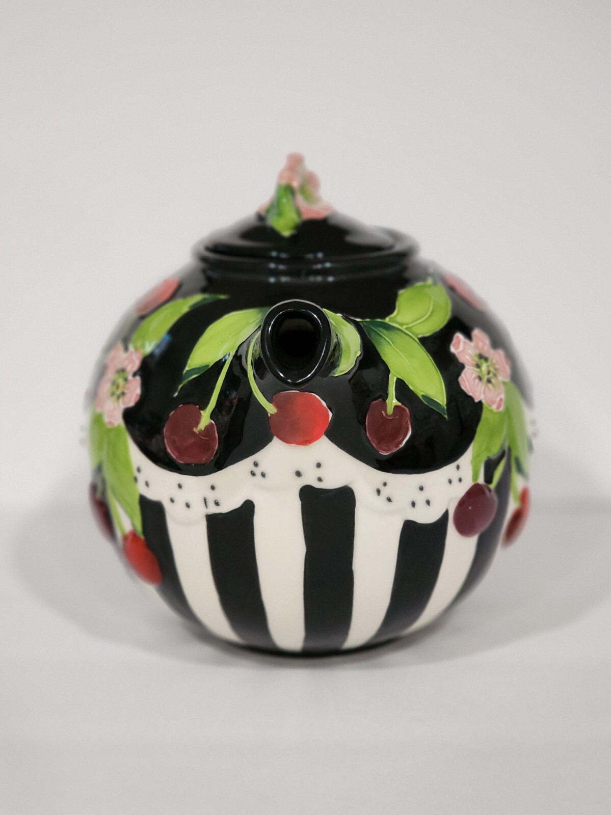 Blue Sky ICING ON THE CAKE Cherry Teapot Ceramic Floral Black White Engelbreit