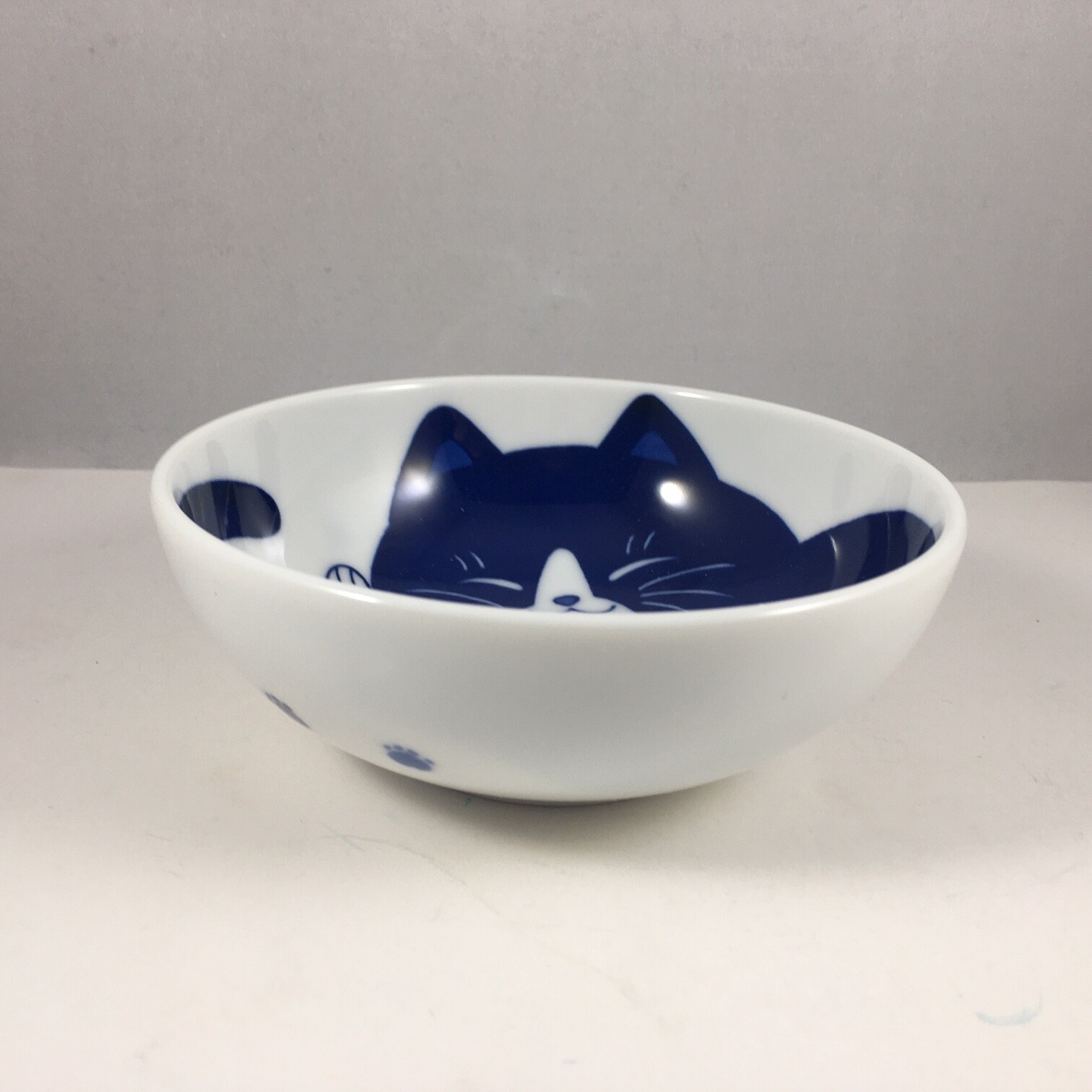 Japanese Rice Soup Dessert Bowl 4-7/8"D Porcelain Blue Tuxedo Cat Made in Japan