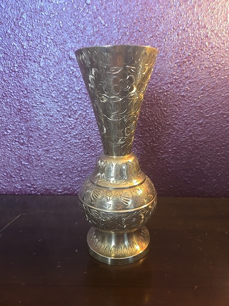 Antique Kasmiri Style Etched Solid Brass Fluted Vase India Makers Msrk On Bottom