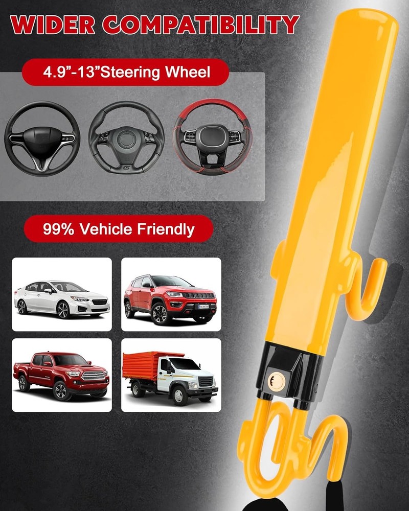 Tevlaphee Steering Wheel Lock - Heavy Duty Antitheft Device and Car Yellow