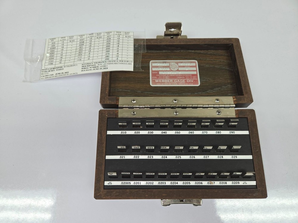 Webber Thin gage blocks, RS28A1 GRADE 0, Serialized. Calibrated 2023.