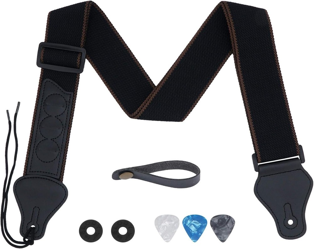 Comfortable Cotton Guitar Strap with Leather Ends & Strap Locks - Universal Fit