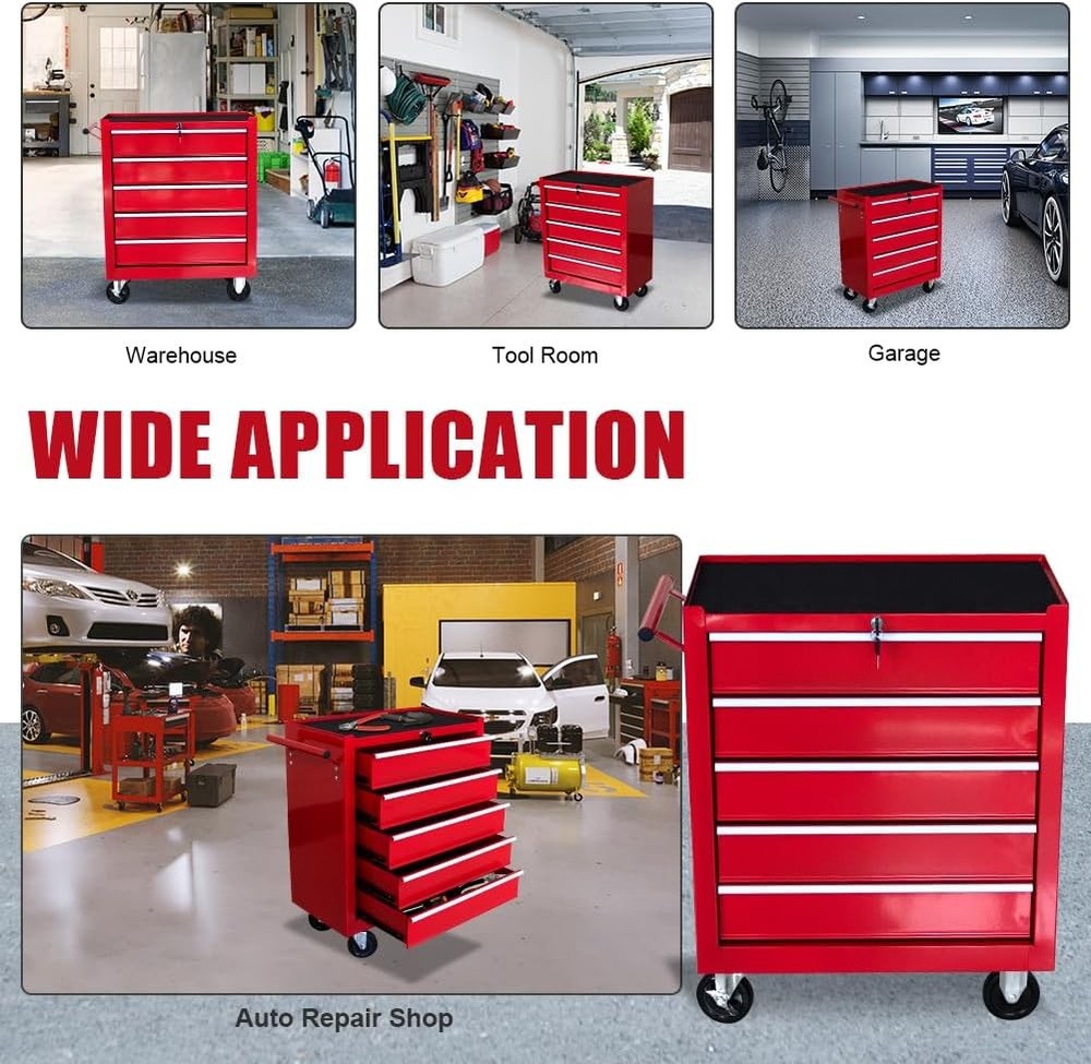 5 Drawer Tool Chest Wheels Rolling Garage Tool Storage Cabinet System Lockable