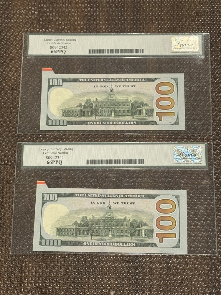 (2) SEQUENTIAL SERIAL NUMBER $100 FRN LEGACY 66 PPQ - CUTTING / FOLDOVER ERROR