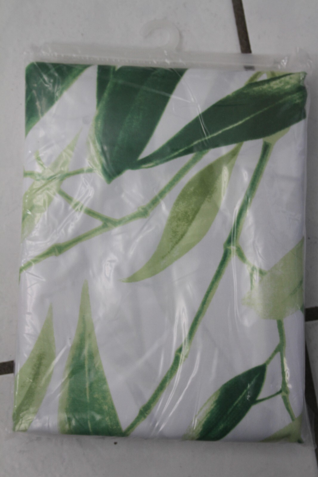 Shower Curtain Asian Bamboo Pattern Print Green & White 69LX69.5" w/ 12 Hooks