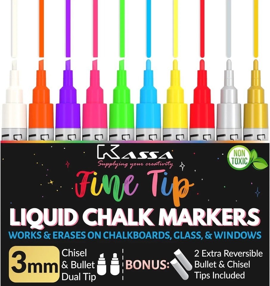 Liquid Chalk Markers Fine Tip (10 Pack 3mm) by Kassa