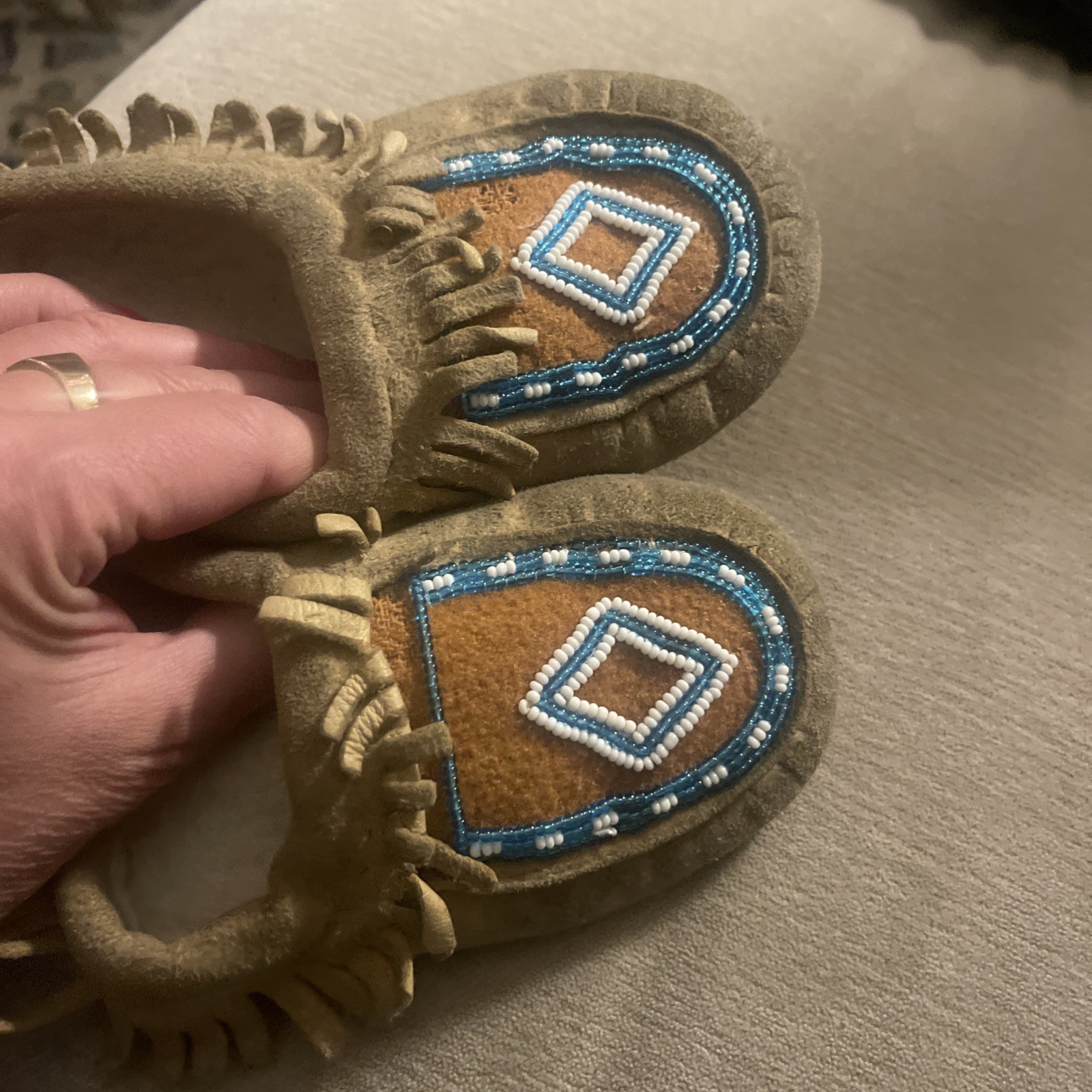 Vintage Native American Indian Child Leather Moccasins Glass Bead Work Used Worn