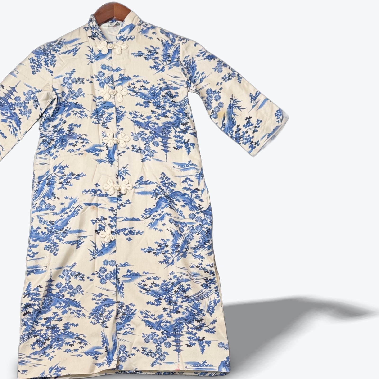 Vintage Blue & White Toile Asian Kimono Pure Silk Midi Dress Robe Frog Closures