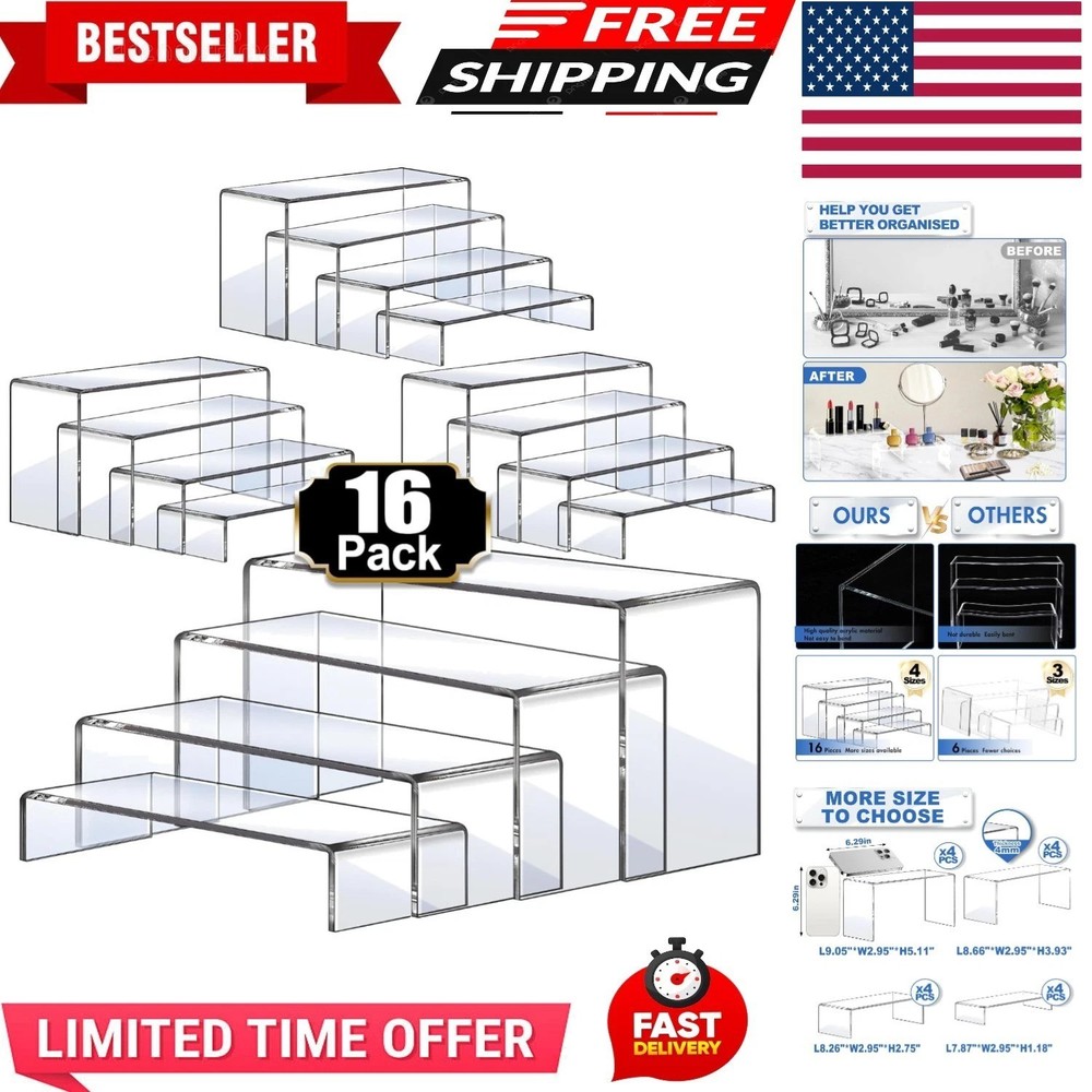 Display Risers, 16 Pcs 4 Set7”L~8”L~9”L Acrylic Riser Display Shelf, Clear Ri...