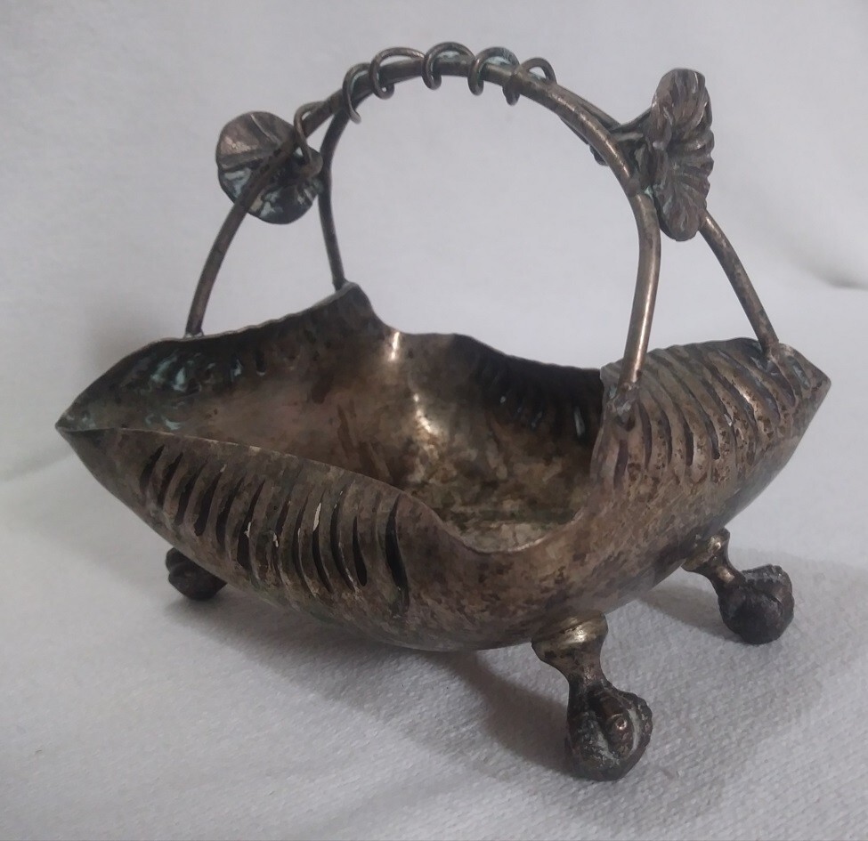 Silver Plated Footed Rectangular Metal Candy Dish 'basket' w/ Floral Handle '40s