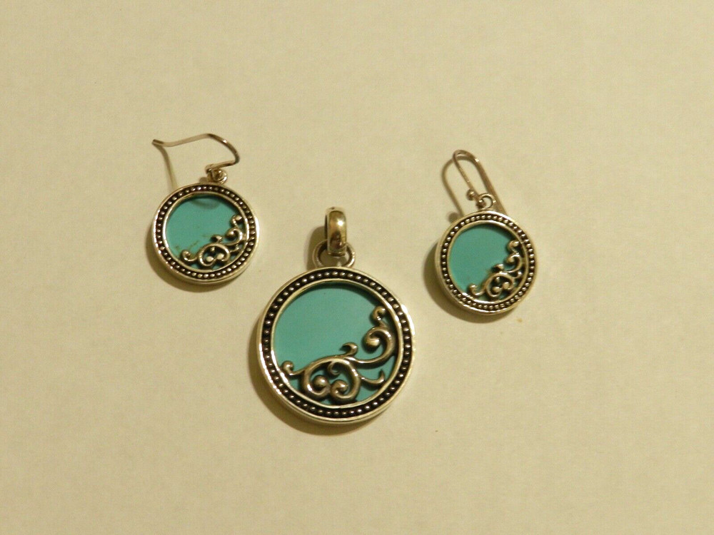 Silver Ornate Beaded Turquoise Pendant & Earring Set