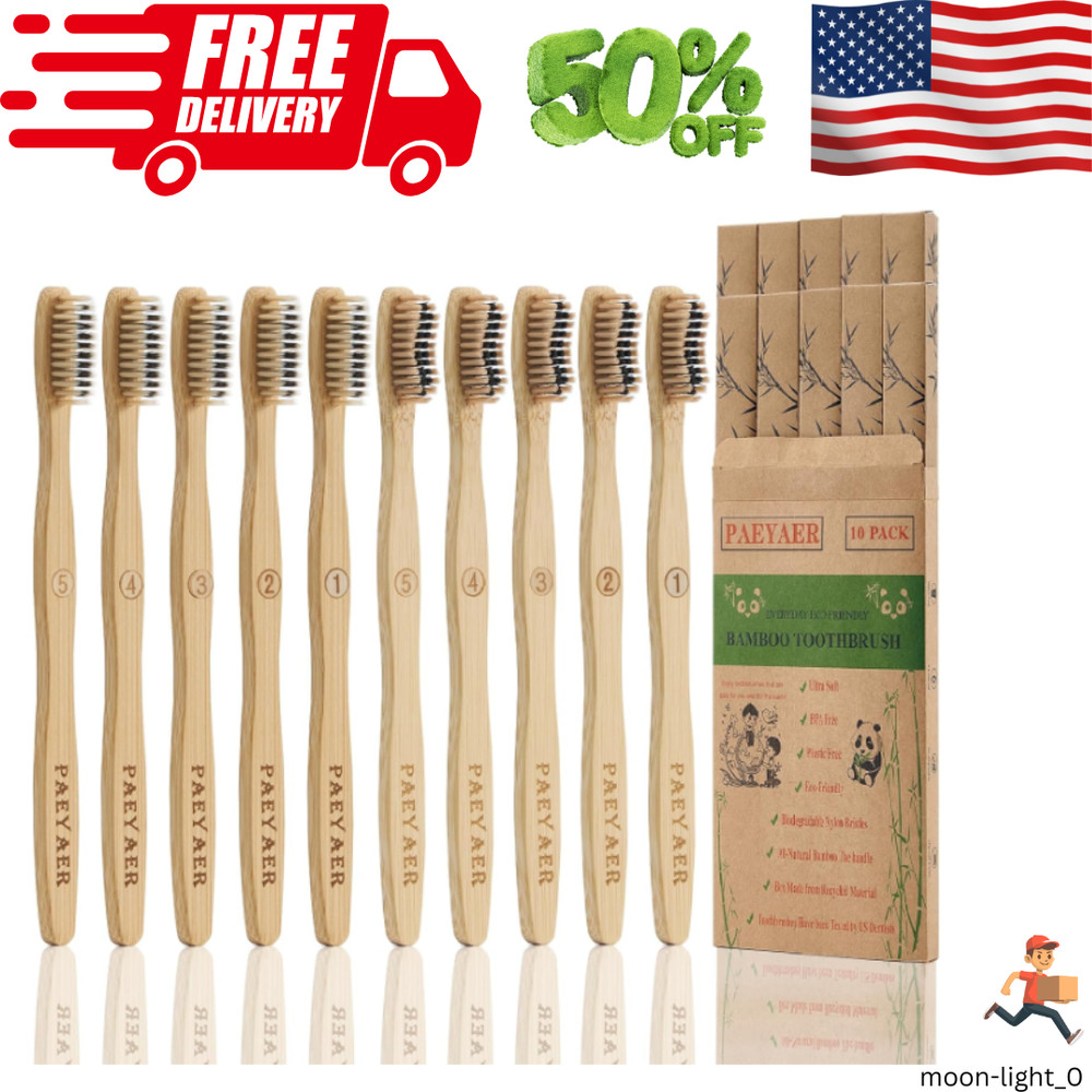 Bamboo Toothbrushes 10 Pack Biodegradable Soft Medium Charcoal Bristles