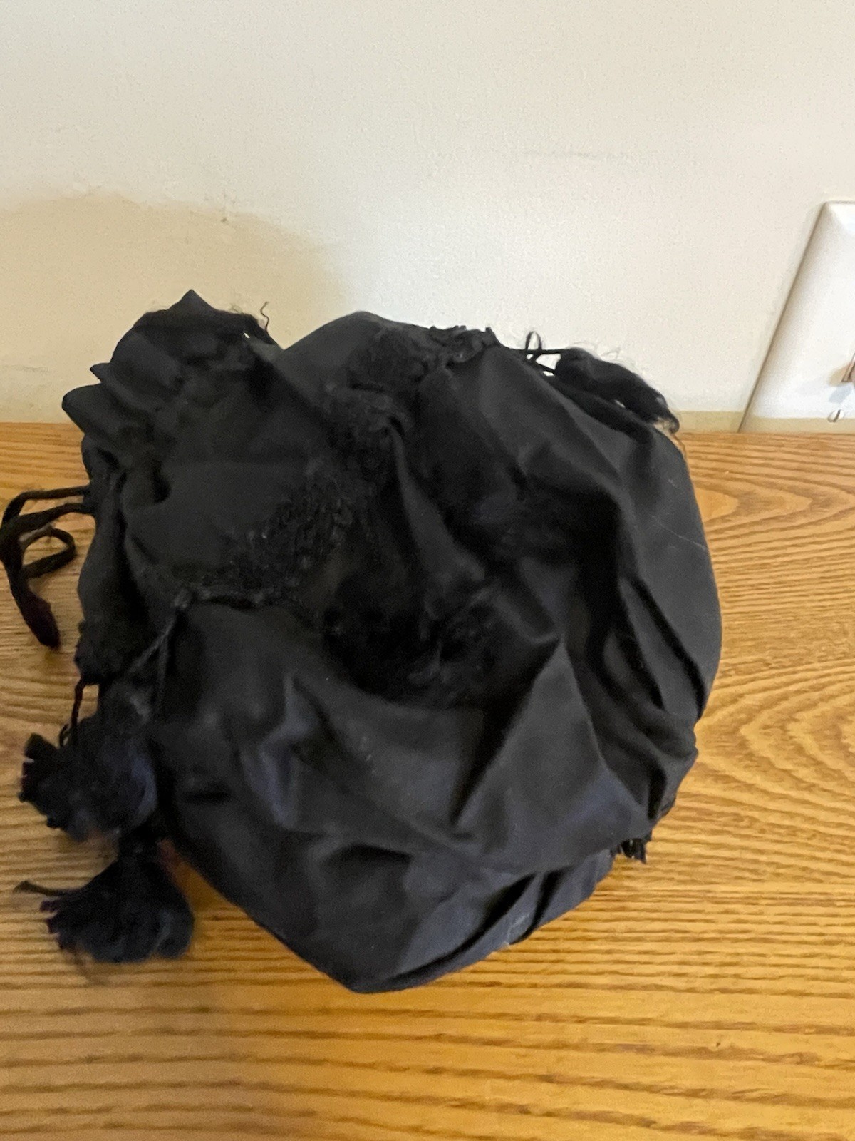 Victorian 1800s Reproduction Drawstring Black Fabric Purse Bag Tassels