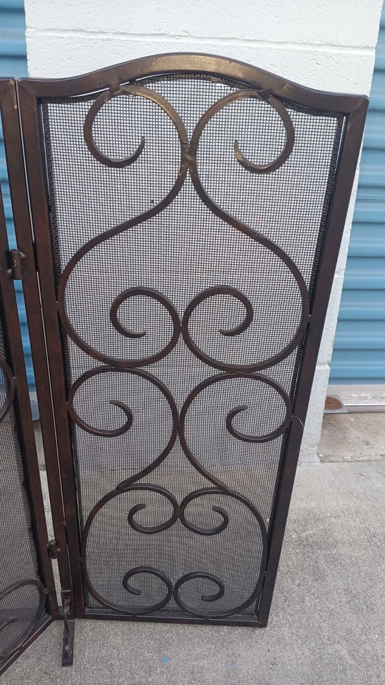 Modern 3 Panel Iron Folding Fireplace Screen with Doors, Black