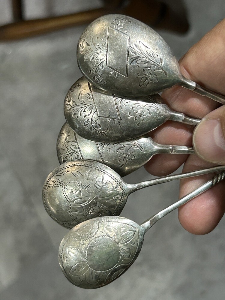 Imperial Russia 84 Silver Engraved Signed Five Spoons
