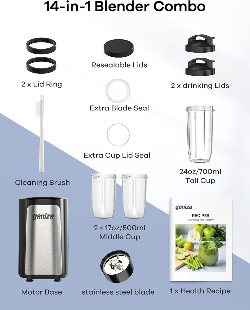 Compact 900W Personal Blender for Smoothies - Includes Nutritious Recipes