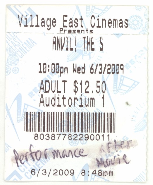 The Story of Anvil Documentary & Concert After Movie 6/3/09 NYC Ticket Stub