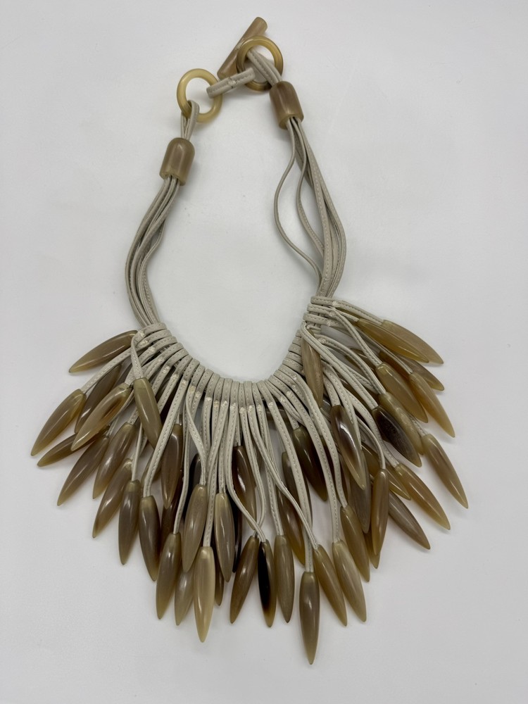 Fringed Beaded Stone? or Horn? With Leather Statement Necklace