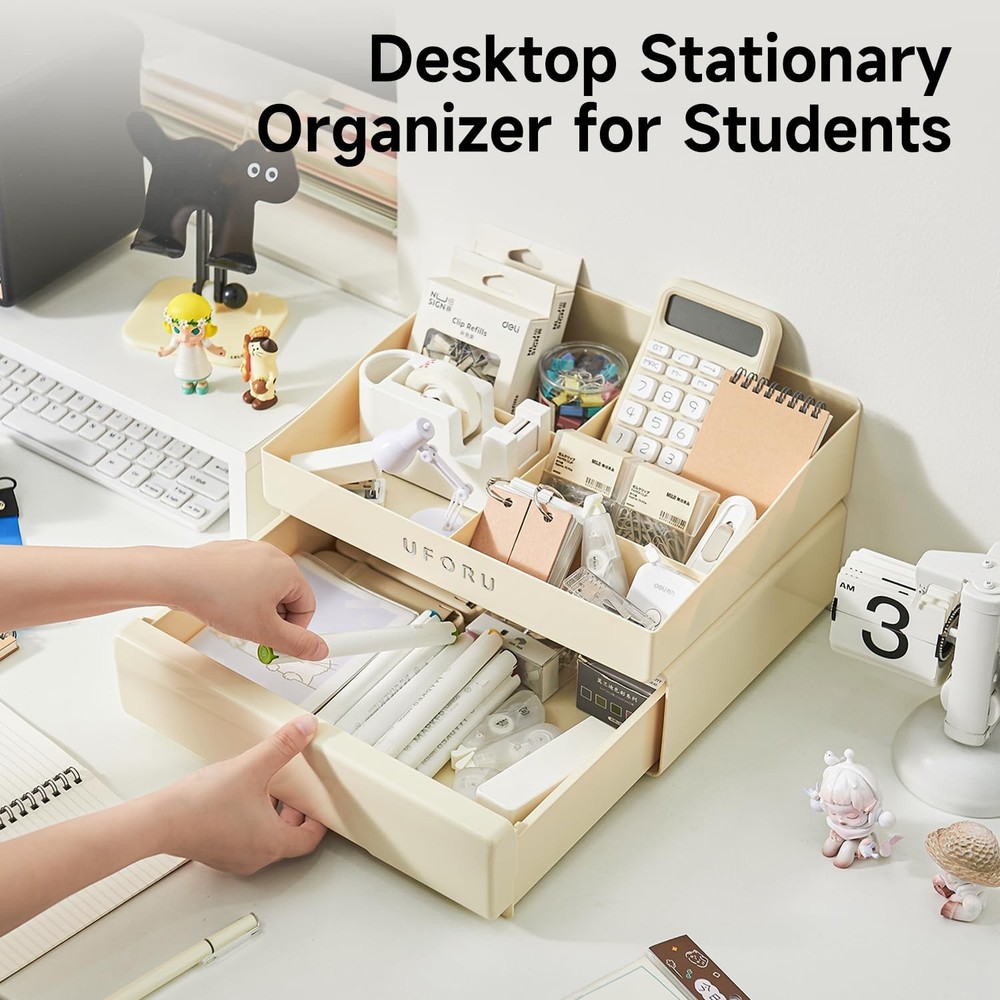Desk Organizer with 6 Compartments, 2 Tier Stackable Storage Drawers Plastic ...