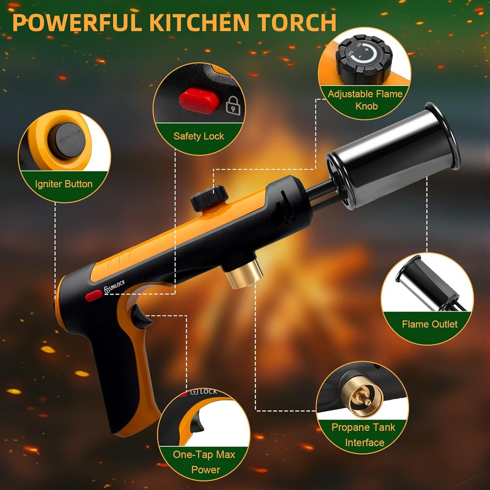 Powerful Propane Torch with One-Touch Max Fire, Adjustable Kitchen Torch with Sa