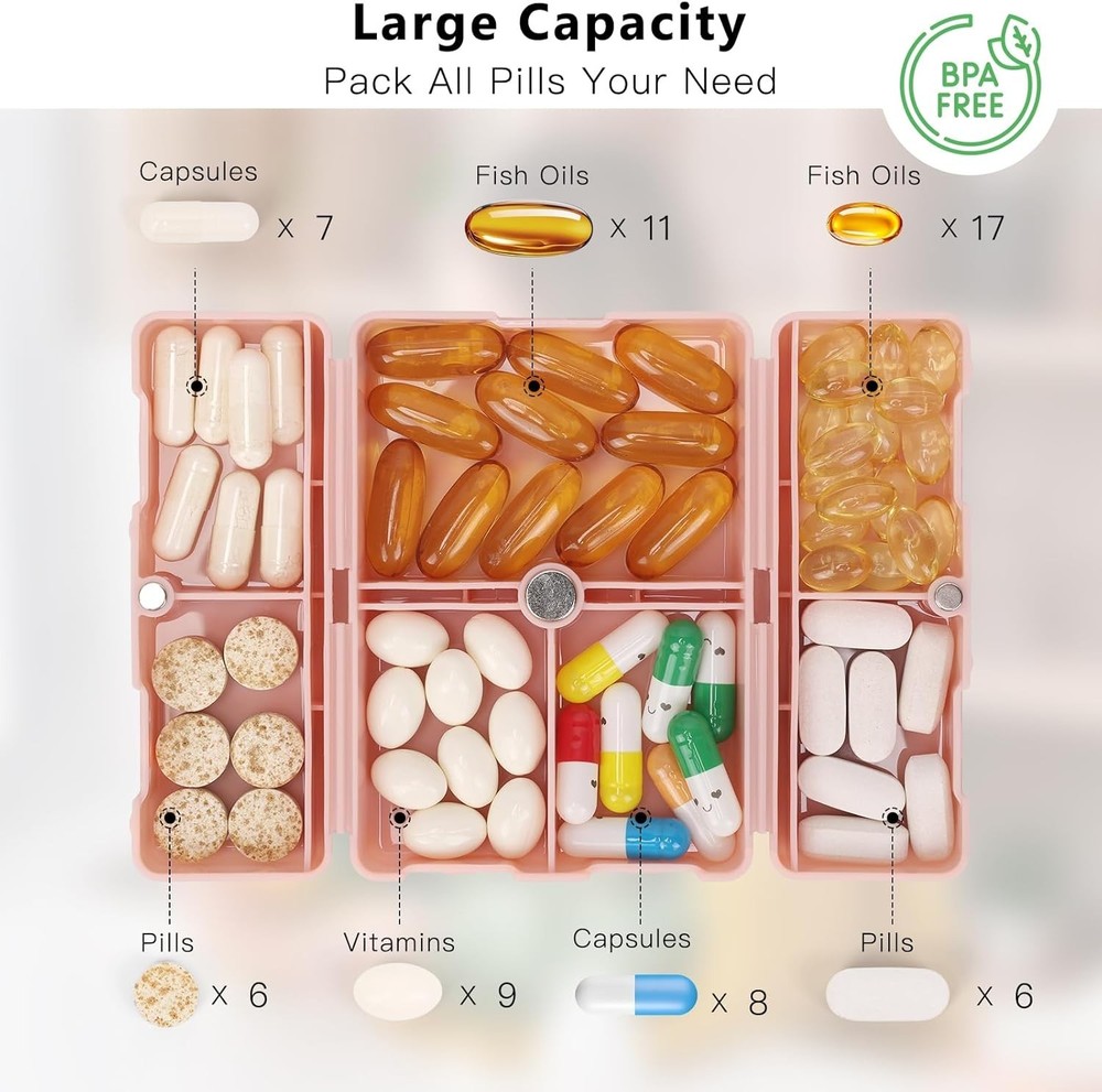 Compact Pink Folding Pill Box - 7 Compartments for Effortless Medication Storage