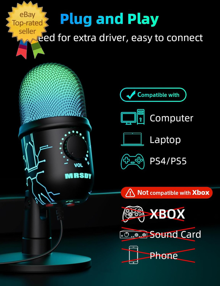 Gaming Microphone, USB Computer Microphone for PC, Mac, PS4/5, Condenser