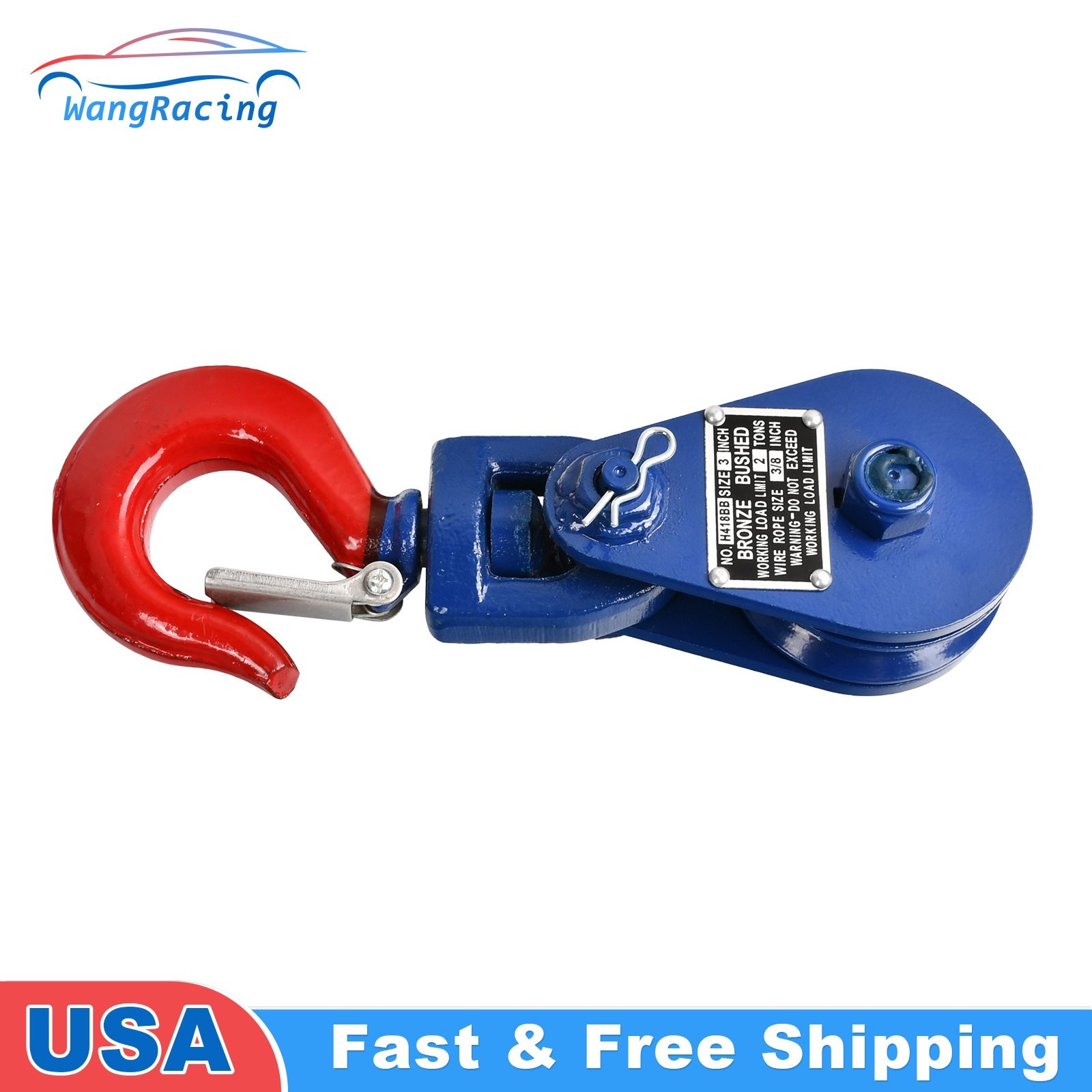 2 Ton Snatch Block with Swivel Hook Safety Latch 3" Sheave 3/8" Cable Wire Rope