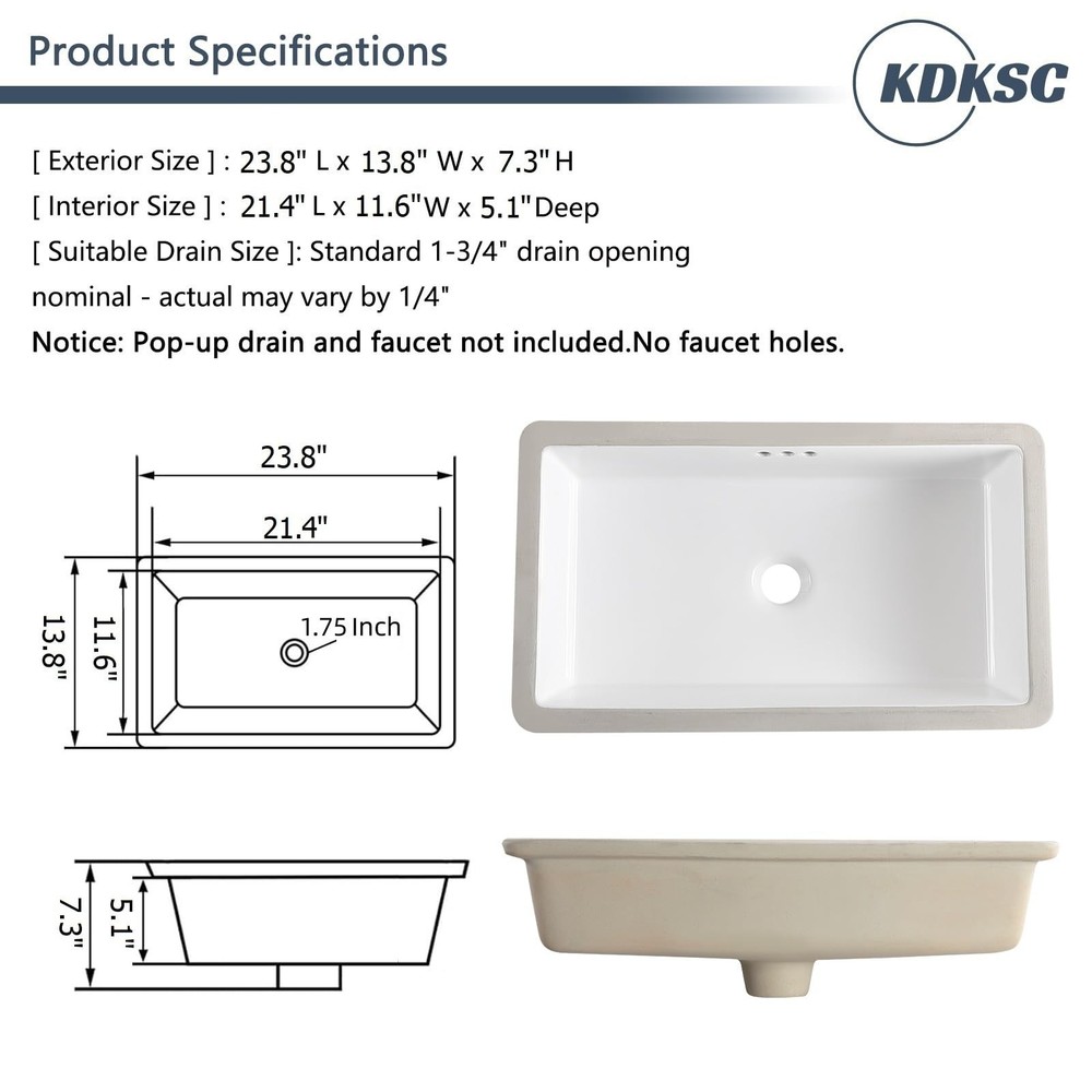 24 Inch Undermount Bathroom Sink Rectangular Undermount Sink White Ceramic Un...