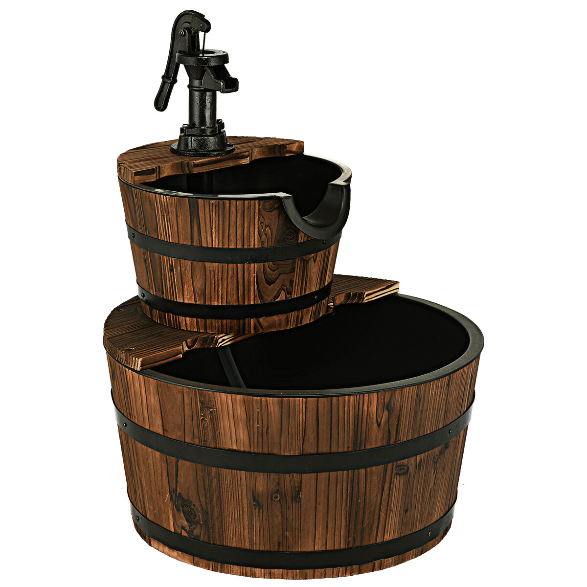 2 Tier Barrel Waterfall Fountain Barrel Wooden Water Fountain Pump Garden Patio