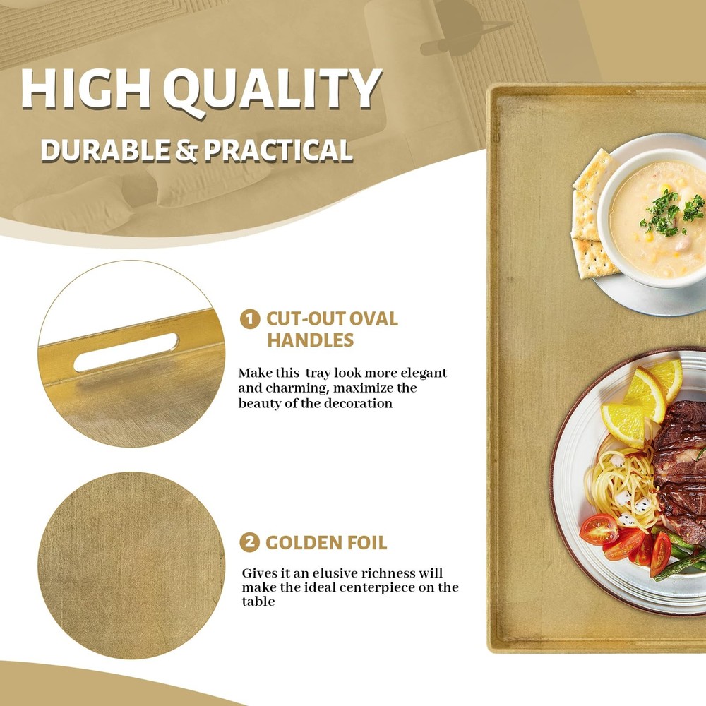 Gold Decorative Foil Serving Tray Handles Rectangular 11.8x8x1.6 Inch