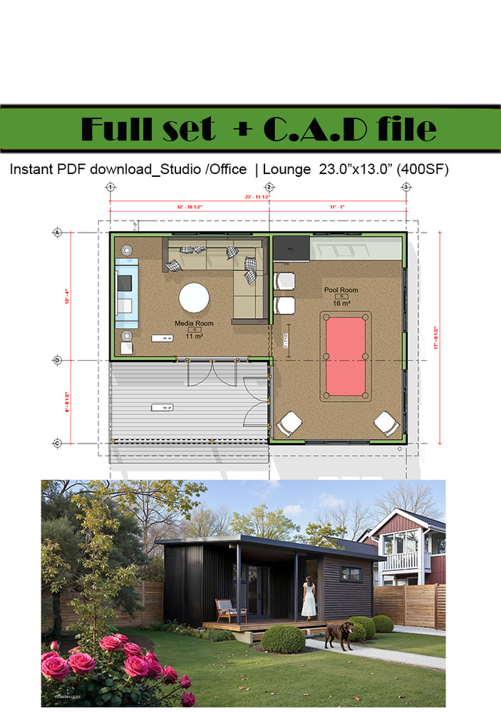 Tiny House ADU  working s 2 Room Layout, (400SF) Covered Deck, PDF+ CAD File