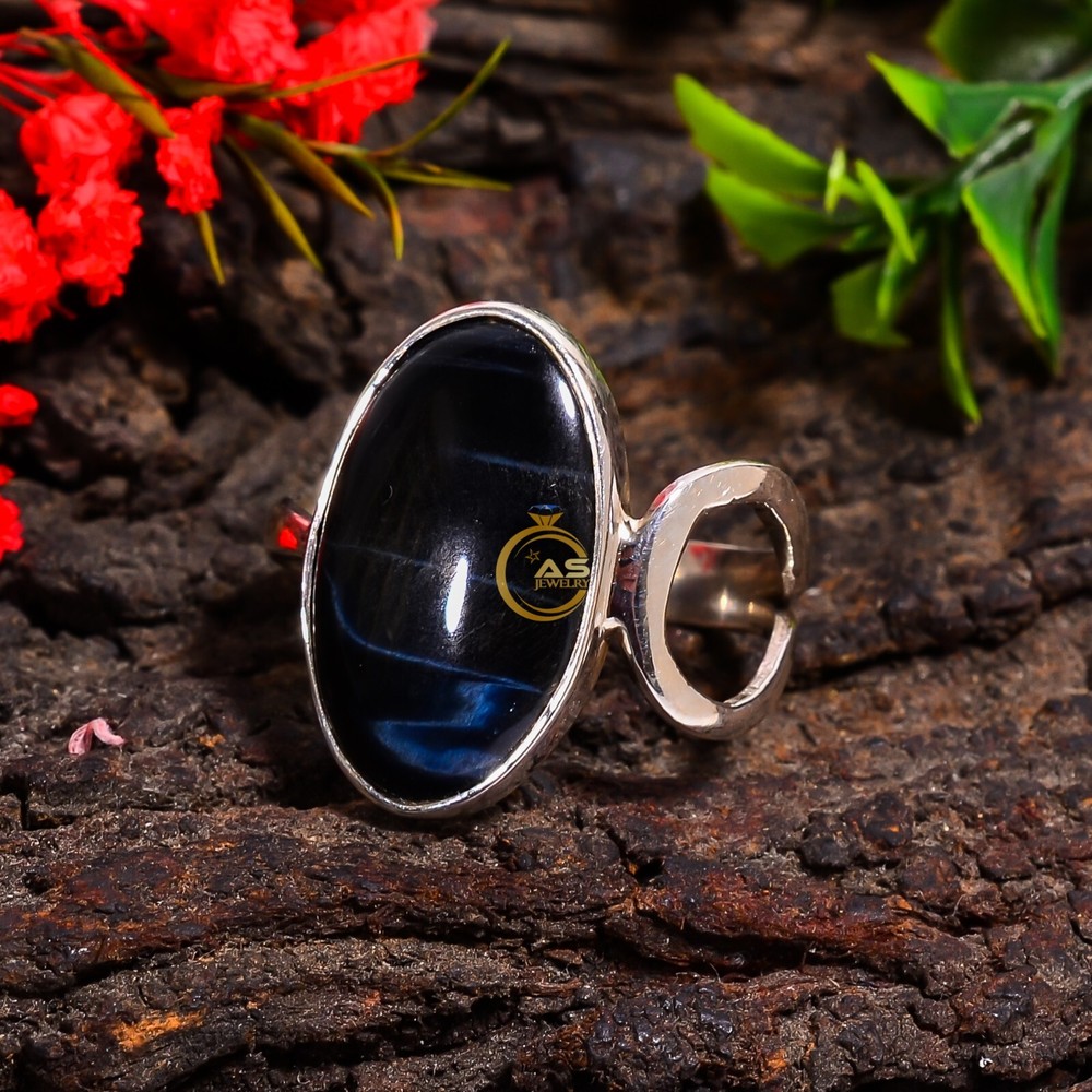 Dark Blue Tiger Eye Ring Solid 925 Sterling Silver Statement Rings Gift for Her