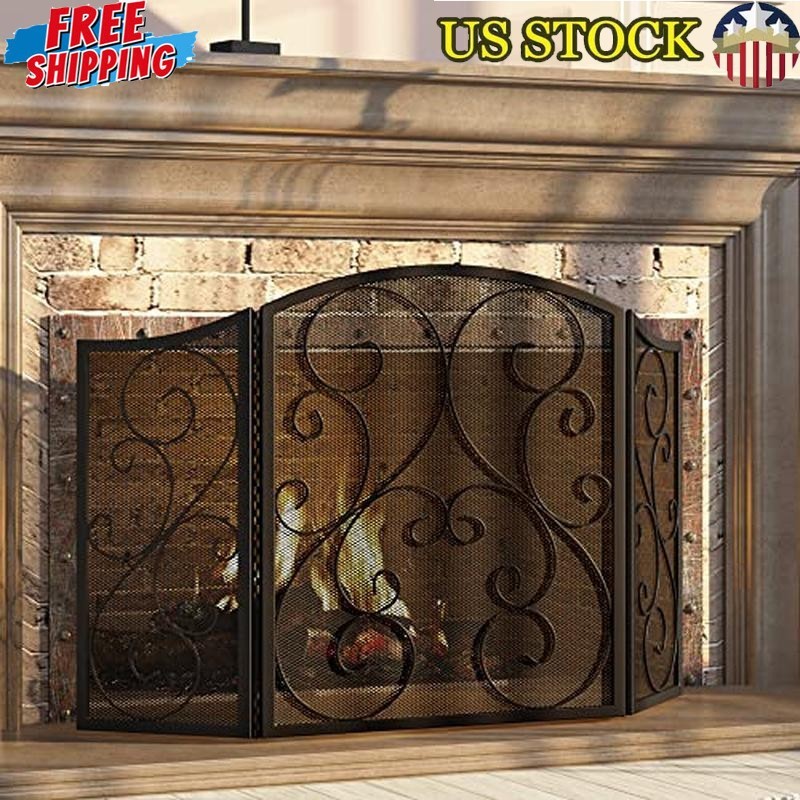 3 Panel Wrought Iron Fireplace Screen Spark Guard Foldable Easy Storage New