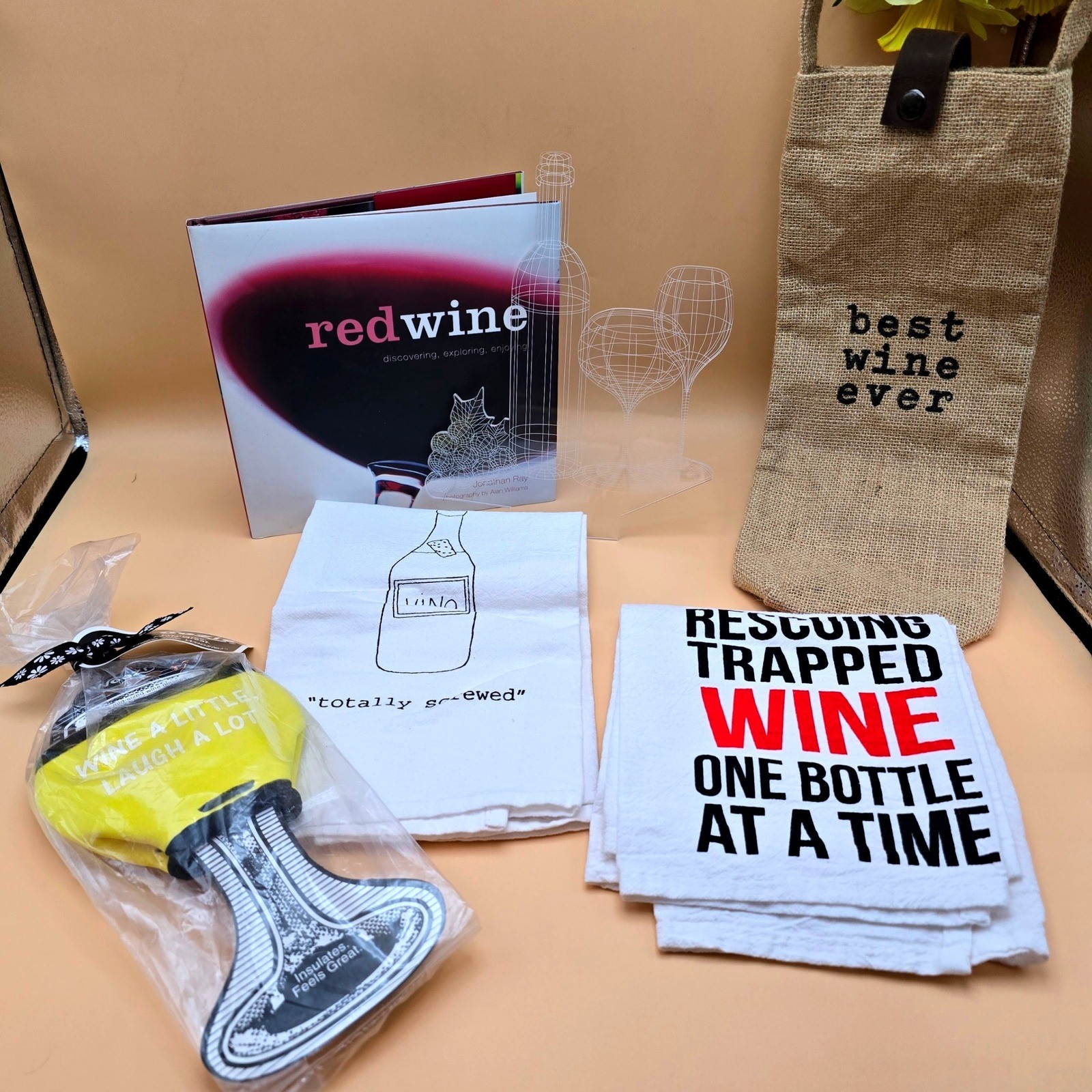 Wine Lovers Gift Set Book Towels Burlap Bag Woozie Sleeve Wine Decor 6 Pc