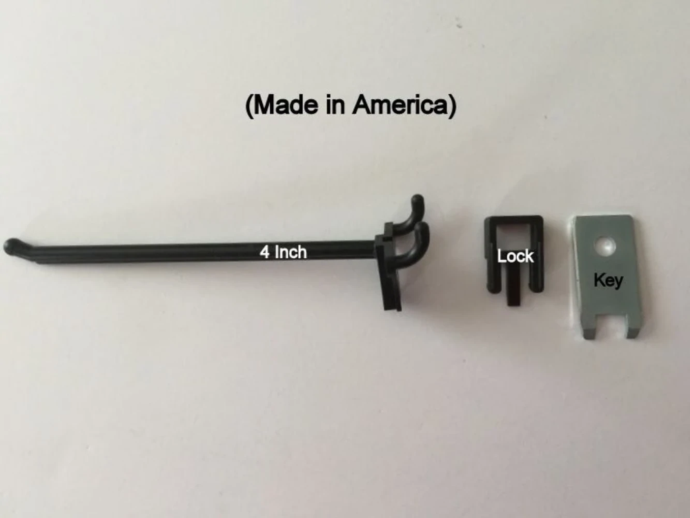 (500 PACK) 4 Inch Locking Black Plastic Pegboard Peg Hooks (500 Locks, 20 Keys)