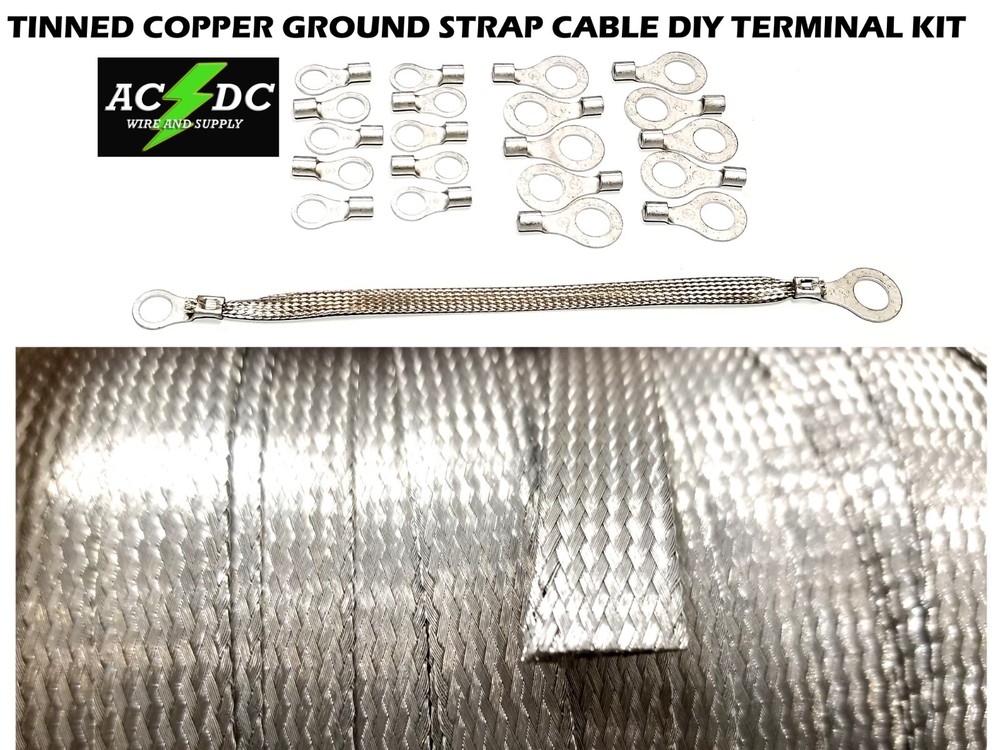 50' TINNED Copper Ground Strap Cable KIT + DIY Terminal Kit 3/8" FLAT Braid Wire
