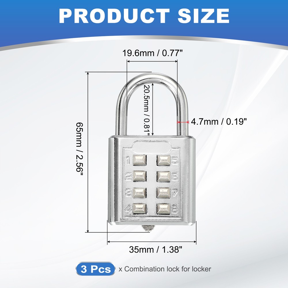 3Pcs Push Button Combination Padlock 8-Digit 4-Position Lock Silver