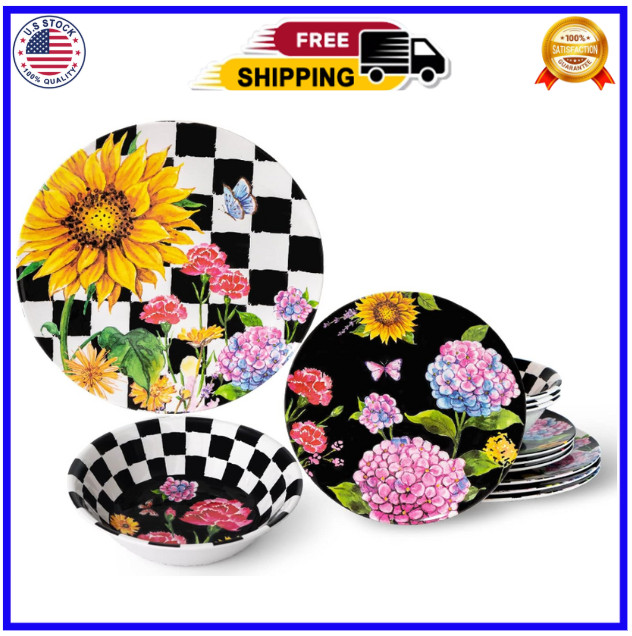 Sunflower 12-Piece Melamine Dinnerware Set Include Plates/Dishes and Bowls, Serv