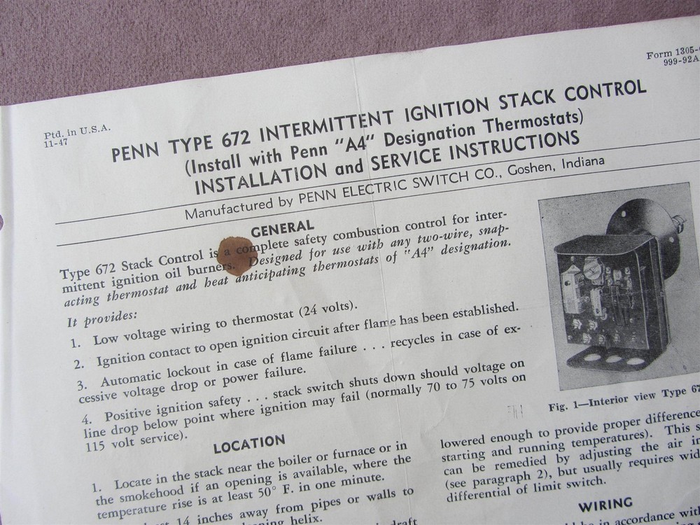 1947 Penn Electric 672 Ignition Stack Control Burner Install Service Sheet