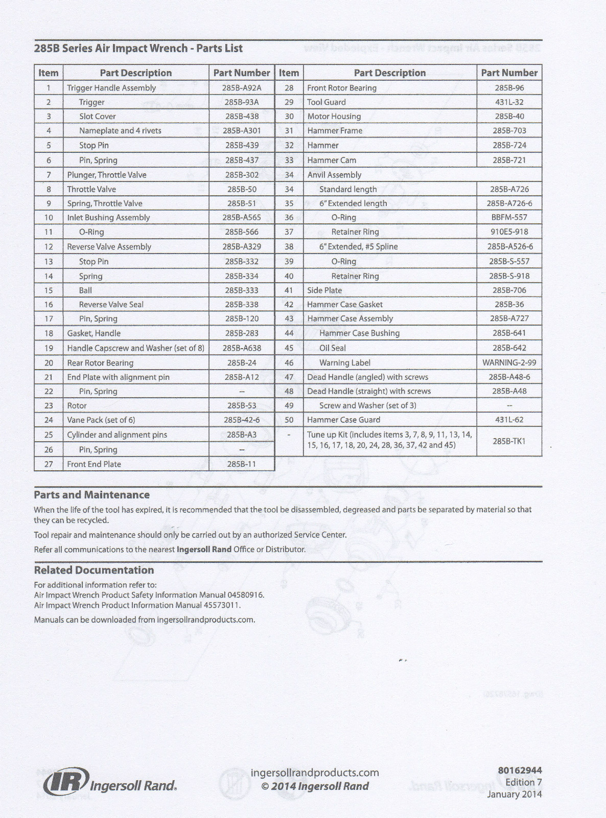 285B TK1 INGERSOLL RAND 285B & 285B-6 TUNE UP KIT 1" DRIVE (2) THROTTLE VALVES