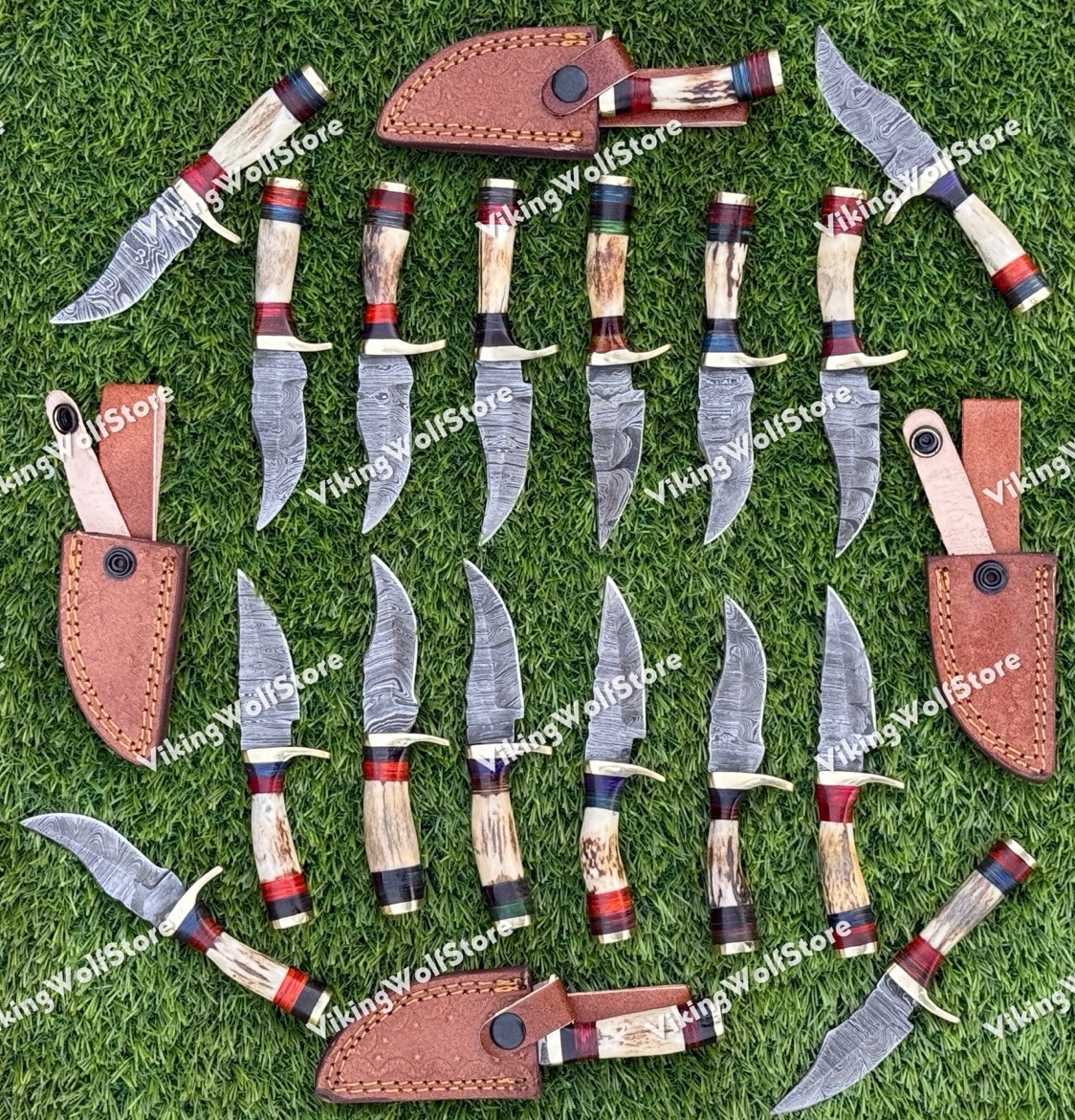 6 Inch, LOT OF 20 Handmade Damascus Steel Skinner Knives in Stag Horn W/Sheath