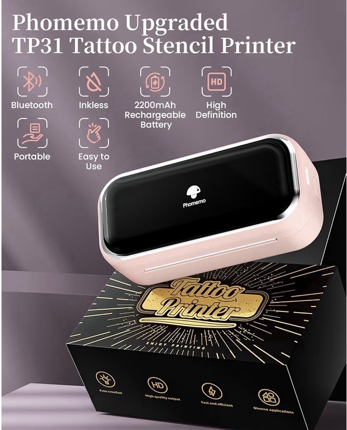 Phomemo TP31 Mini Tattoo Stencil Printer Bluetooth Pink w/ 30 Transfer Paper