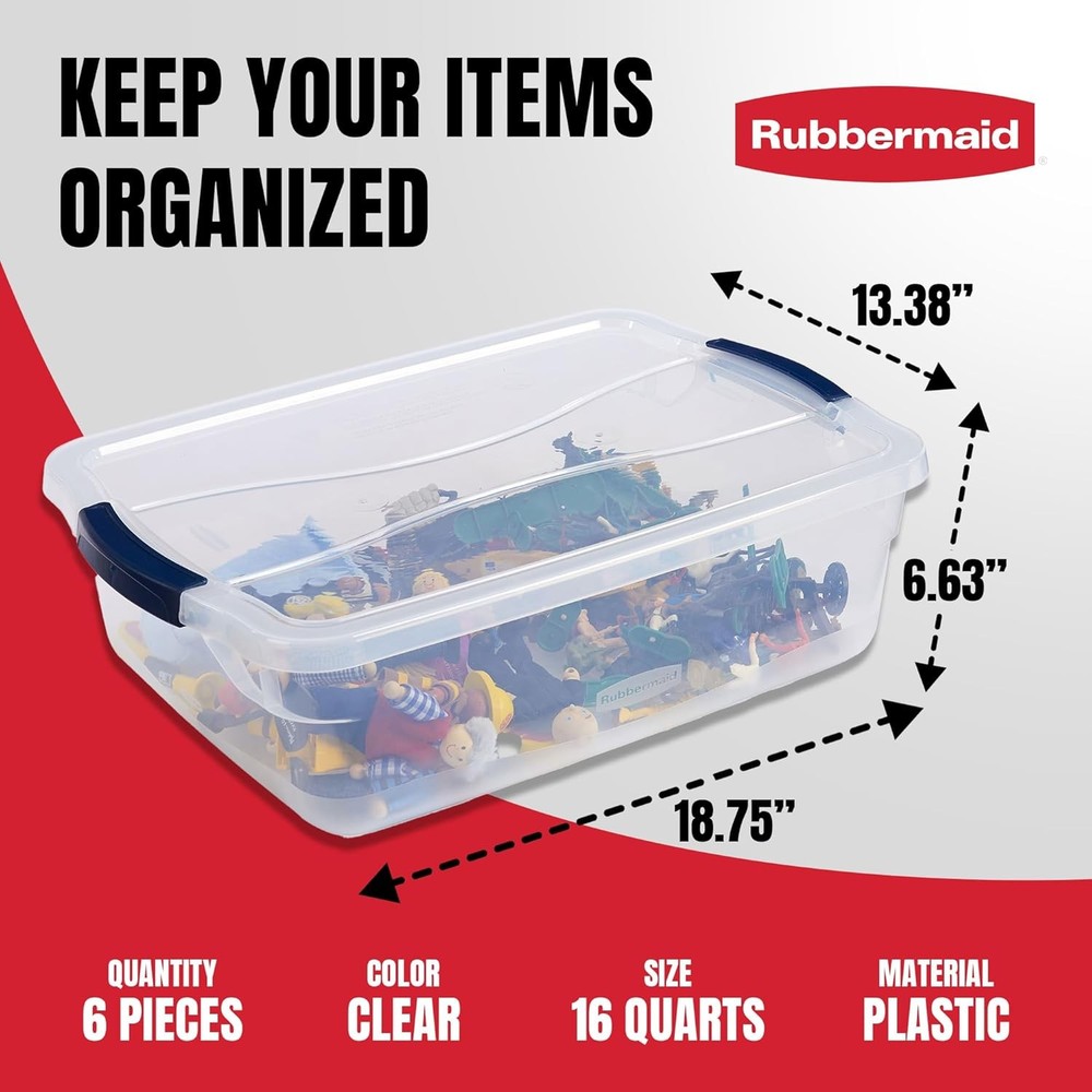 Rubbermaid 17-Quart Clear Storage Bins with Lids, 6-Pack, Stackable, BPA-Free