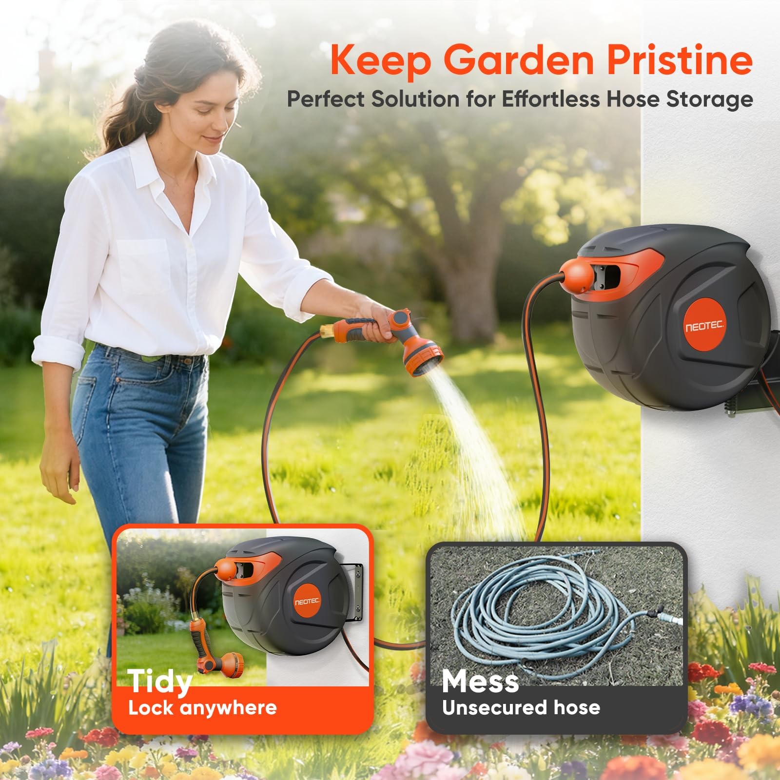 NEOTEC 1/2-Inch x 85ft Retractable Wall Mounted Garden Hose Reel