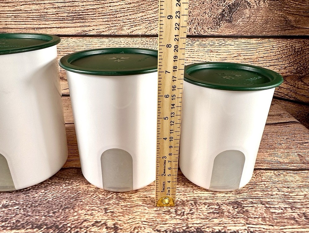 Set 3 Tupperware One Touch Window Reminder Nesting Storage Canisters Green Lids