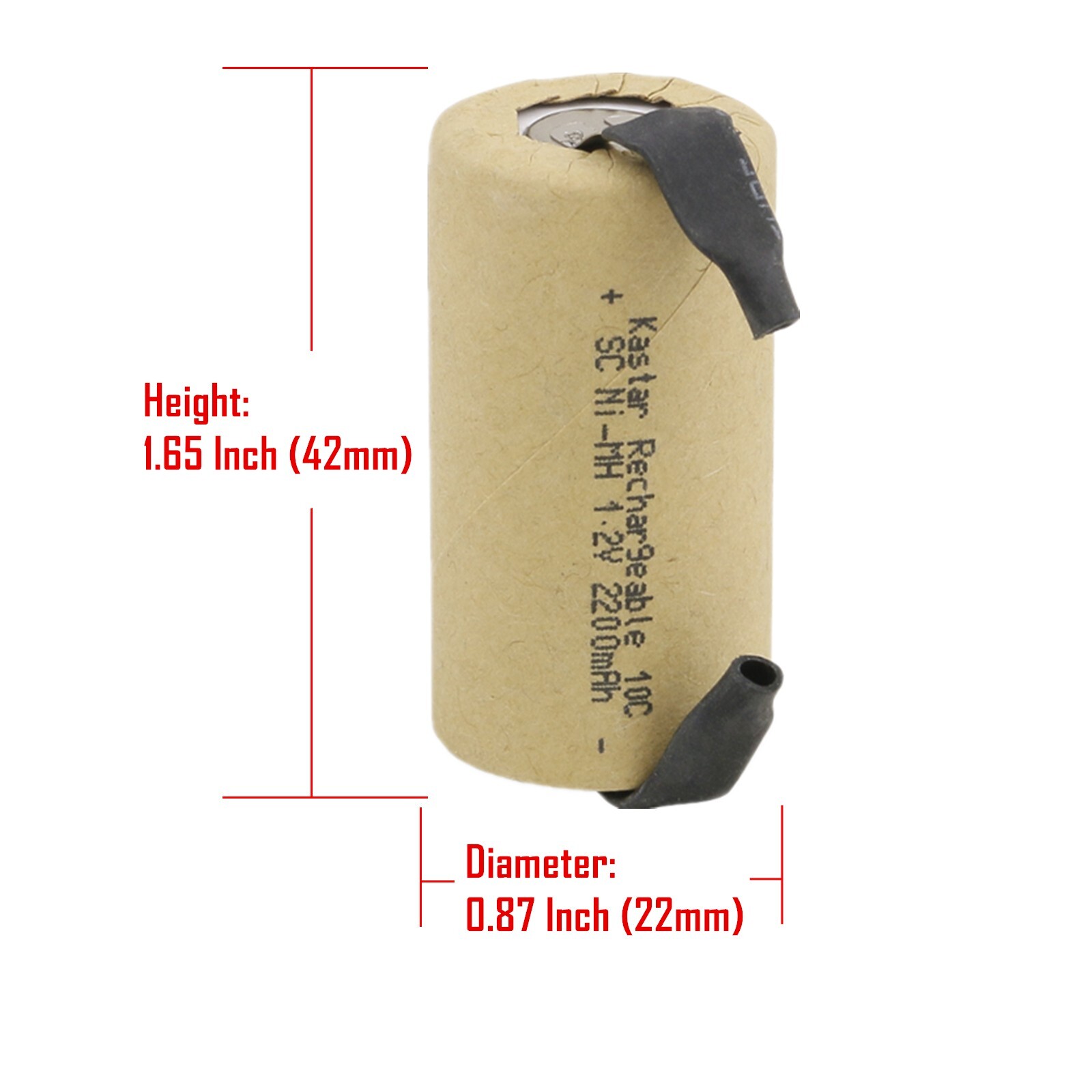 Kastar 1.2Volt 2200mAh Rechargeable Battery Sub C SC Cell (Flat Top) with Tabs