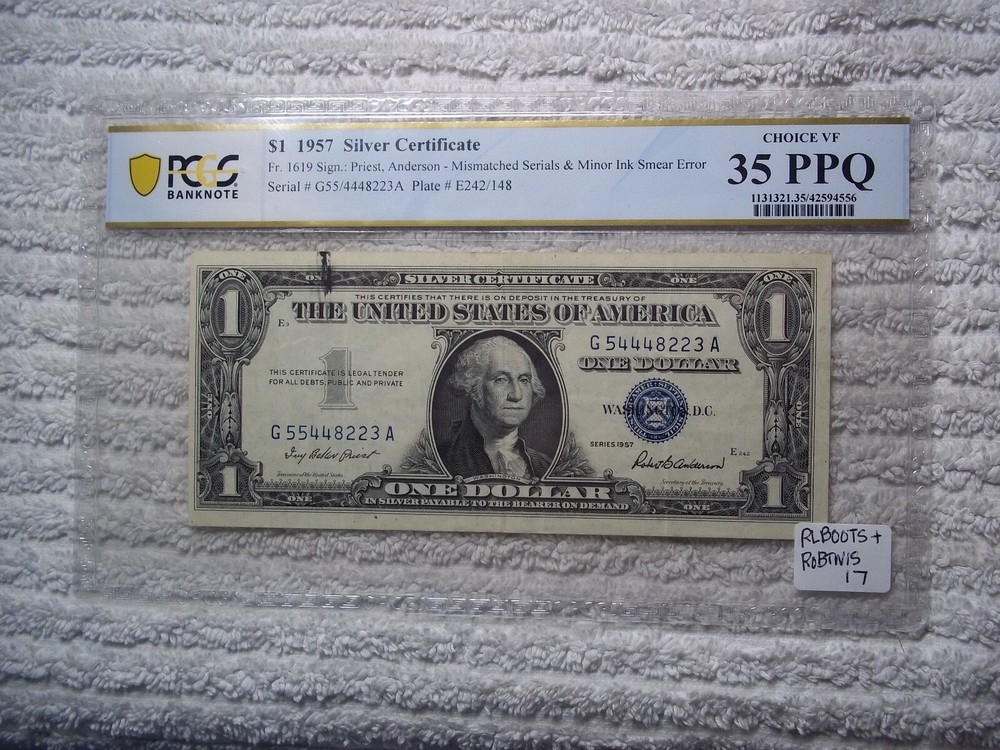 1957 $1 ERROR  -  Mismatched Serial & Ink Smear  PCGS 35 PPQ  #E19 2-ERRORS LOOK