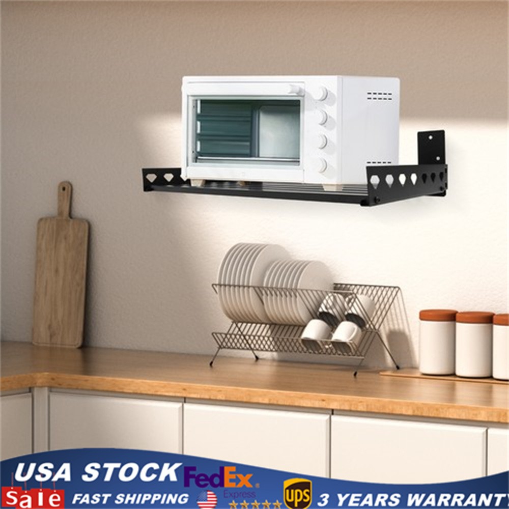 Microwave Oven Bracket Shelf Kitchen Holder Storage Rack Wall Mount with 4 Hooks
