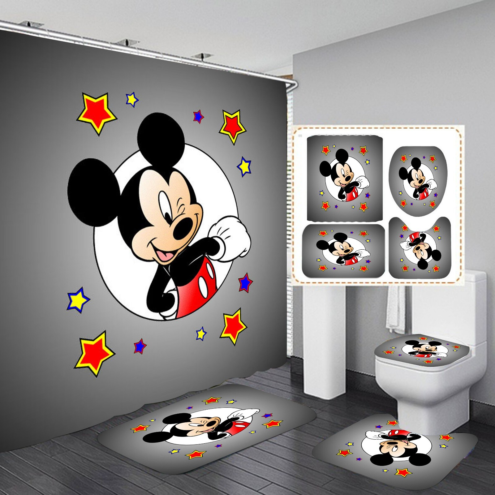 Mickey Mouse Bathroom 4 Pieces Set Shower Curtain Lid Cover and Bath Mat Rugs
