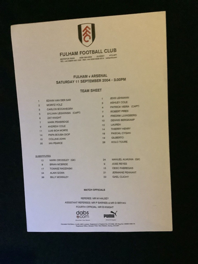 2004/5 Fulham v Arsenal teamsheet